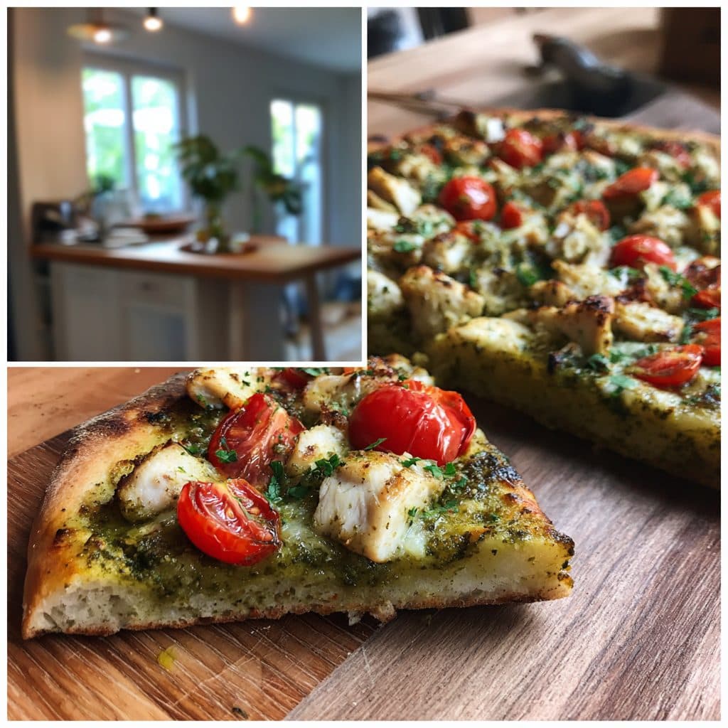 Rustikale Bärlauch-Pesto-Pizza mit Hähnchen und Kirschtomaten