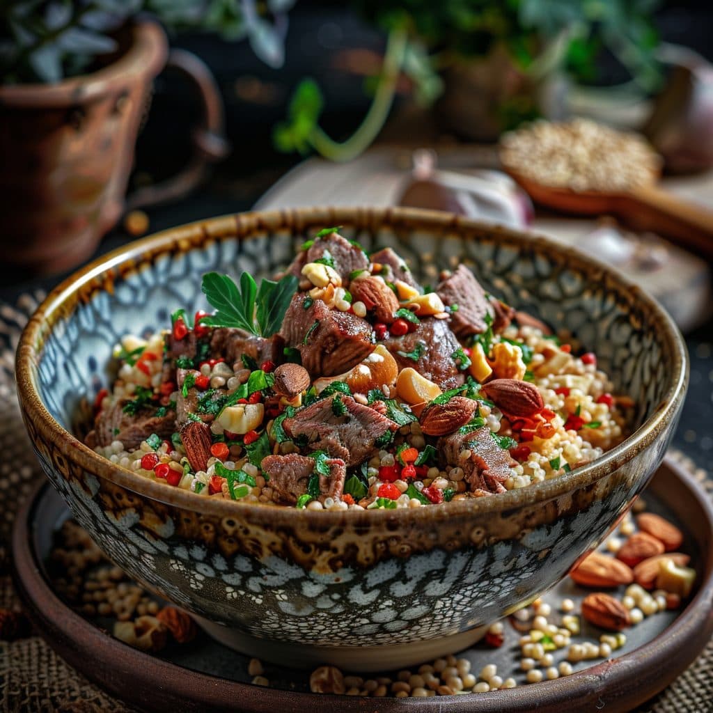 Safran Iftar Bulgur-Bowl mit würzigem Hackfleisch und gerösteten Mandeln