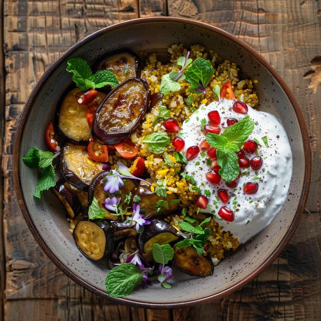 Safran Iftar Freekeh-Bowl mit gerösteter Aubergine und Minz-Joghurt-Dressing
