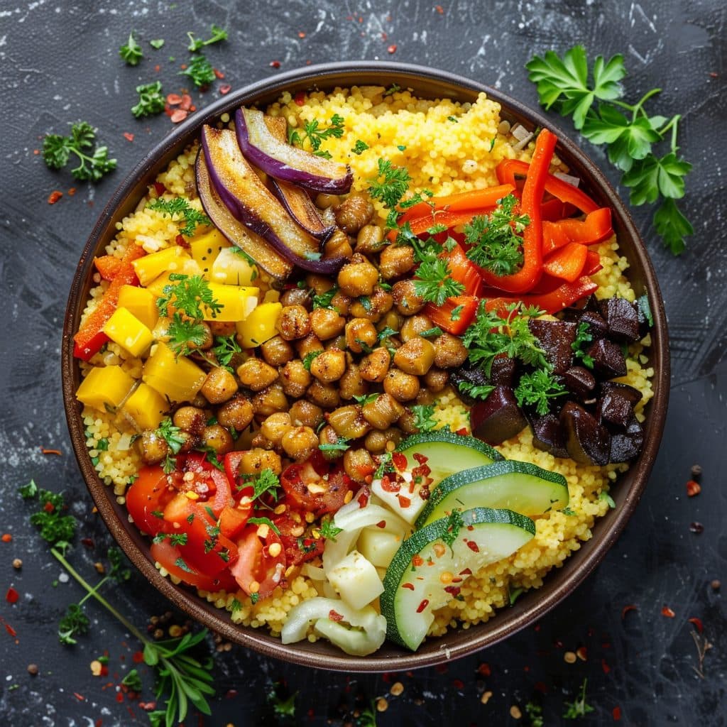 Safran Iftar Kichererbsen-Couscous-Bowl mit geschmortem Gemüse und Mandeln