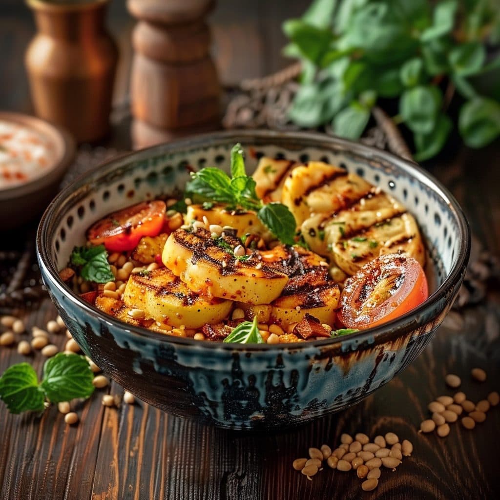 Safran-Iftar-Schüssel mit Linsen, Süßkartoffeln und gegrilltem Halloumi