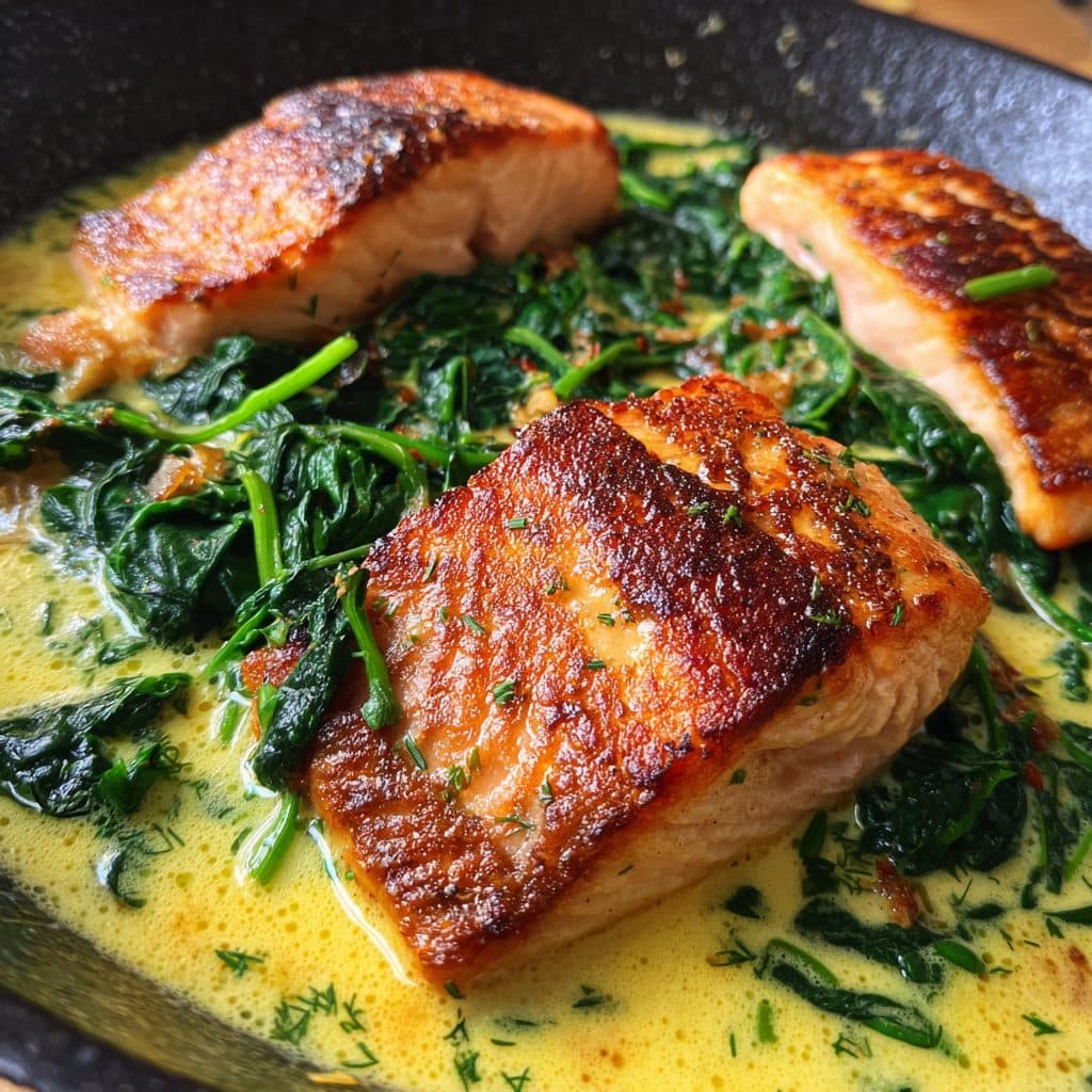 Saftiger Lachs auf cremigem Spinat mit frischer Dillsoße