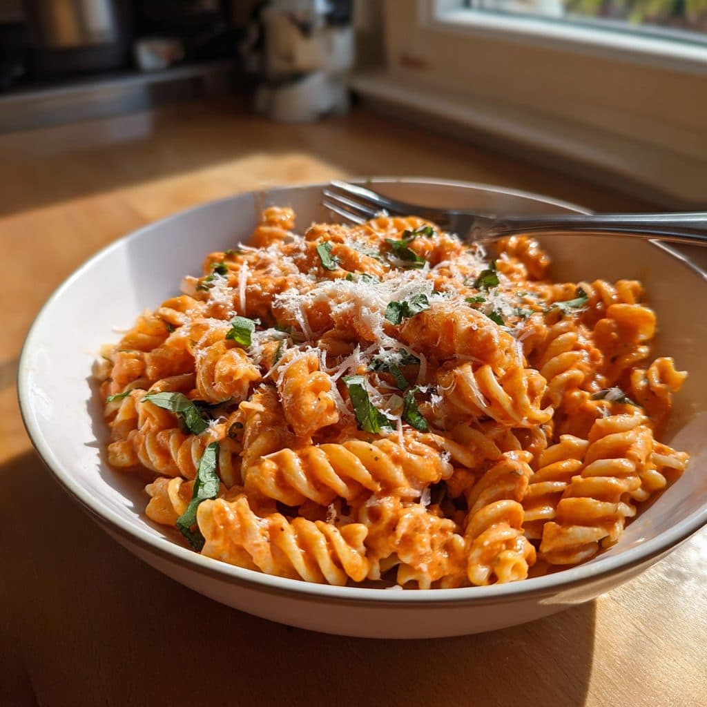 Cremige Tomatenpasta in einem tiefen Teller mit frischem Basilikum und geriebenem Parmesan, die Soße glänzend und samtig rosé.