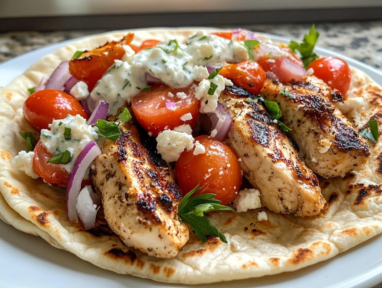 Griechische Pita mit gegrilltem Hähnchen, Tzatziki, Tomaten, Zwiebeln und Feta auf einem Teller.