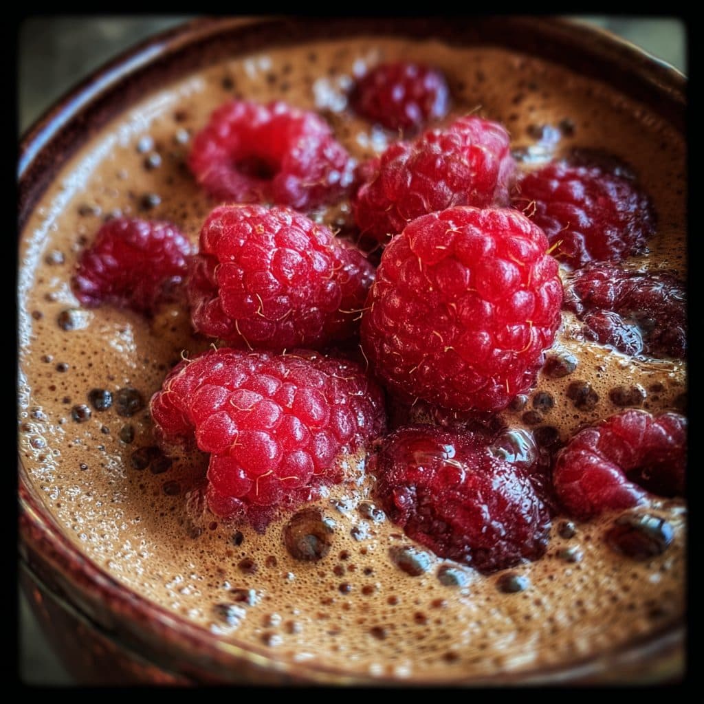 Ein Glas mit dunkler, schaumiger Creme, garniert mit einer Himbeere.