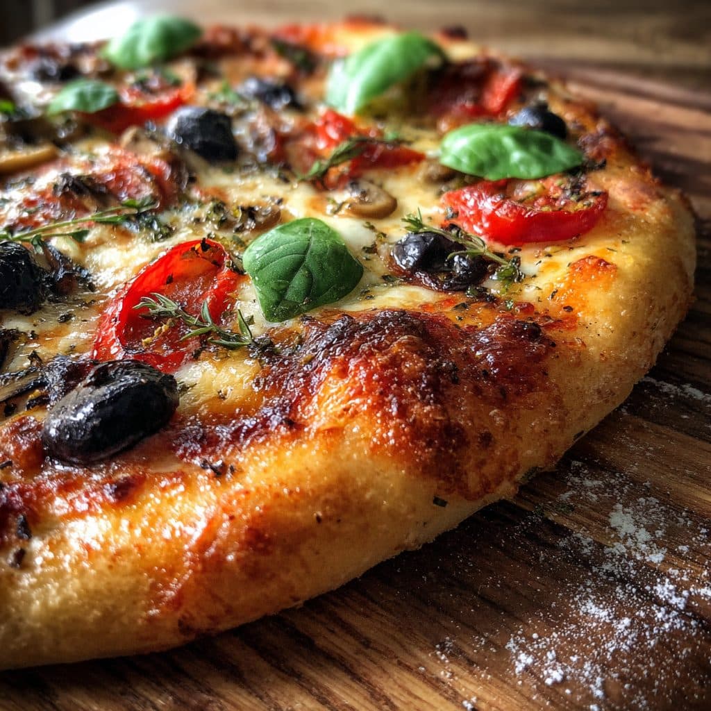 Knusprige selbstgemachte Pizza mit Tomatensauce, Mozzarella, frischem Basilikum und buntem Gemüse auf einem Holzbrett