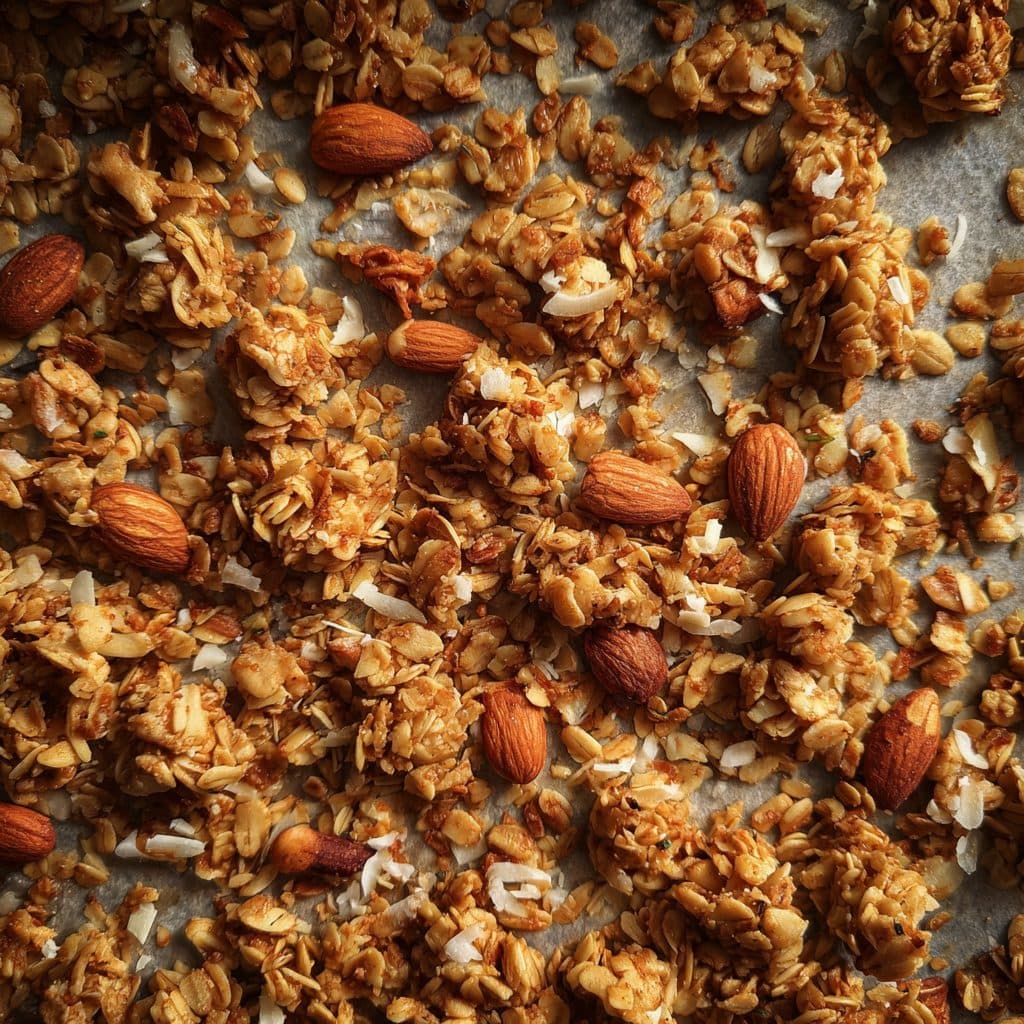 Knuspriges goldbraunes Granola in einer Schüssel mit Haferflocken, Nüssen und Kokosflocken