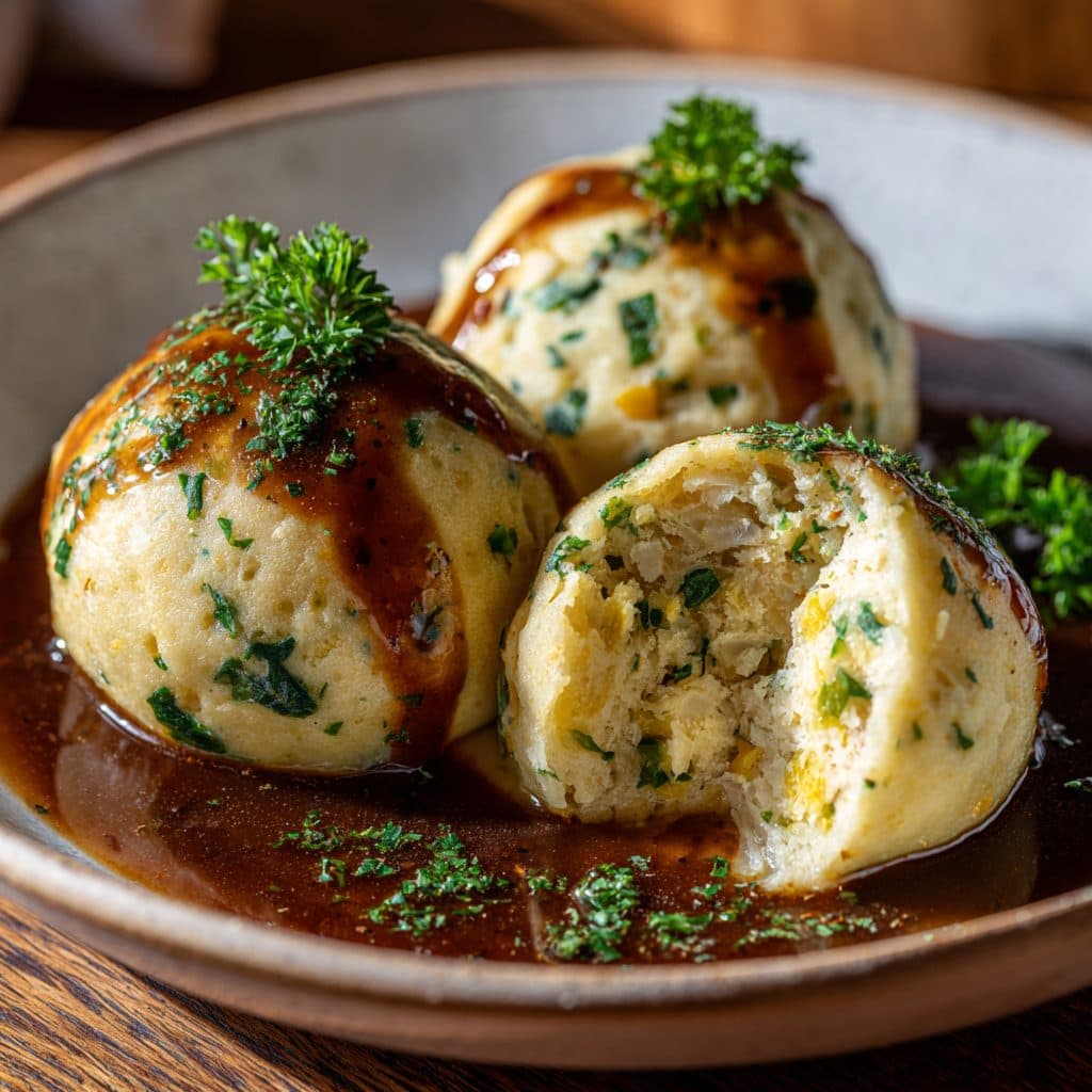 Drei goldene Semmelknödel auf einem weißen Teller neben einem Braten mit dunkler Sauce, garniert mit frischer Petersilie.