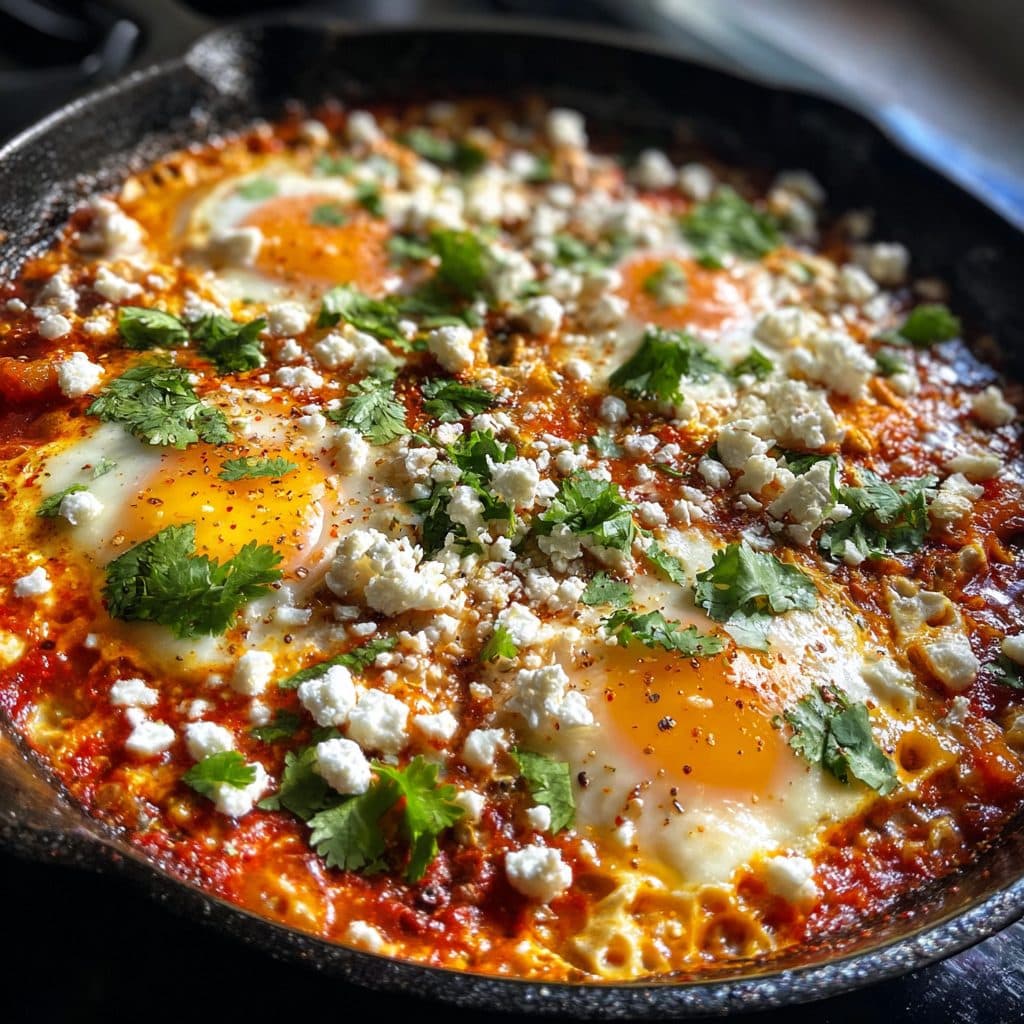 Eine gusseiserne Pfanne mit roter Tomatensauce, drei pochierten Eiern und weißem Feta.