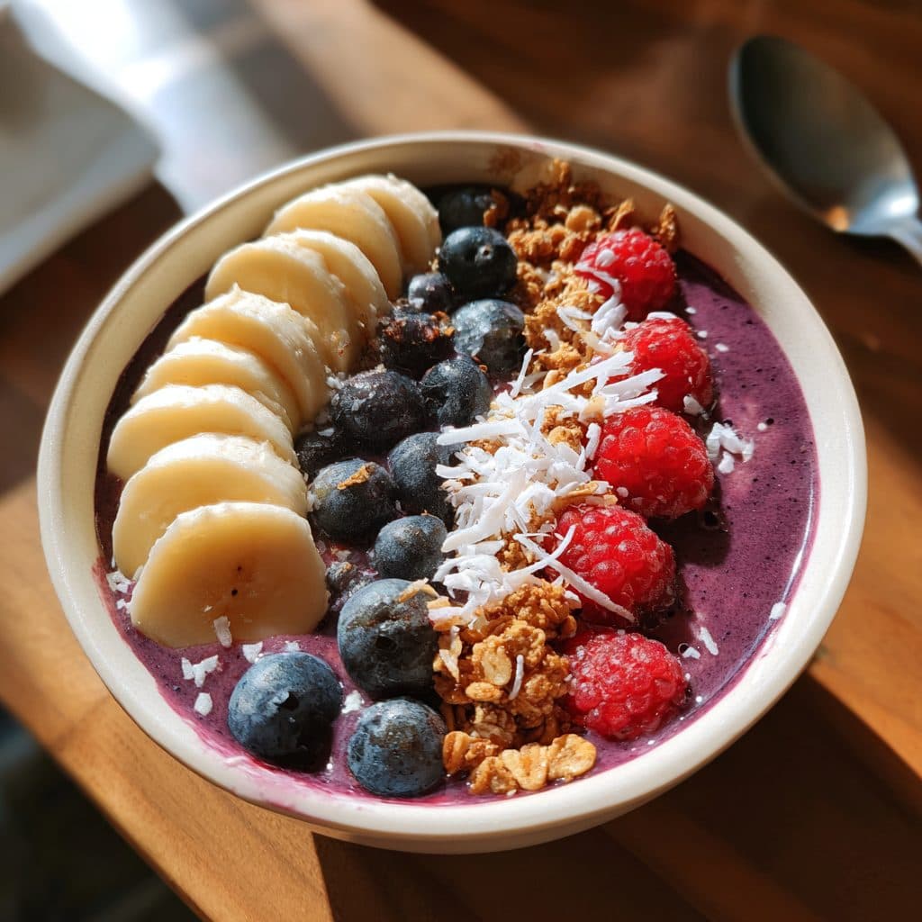 Bunte Smoothie Bowl mit frischen Beeren, Bananenscheiben und Granola in einer weißen Schüssel