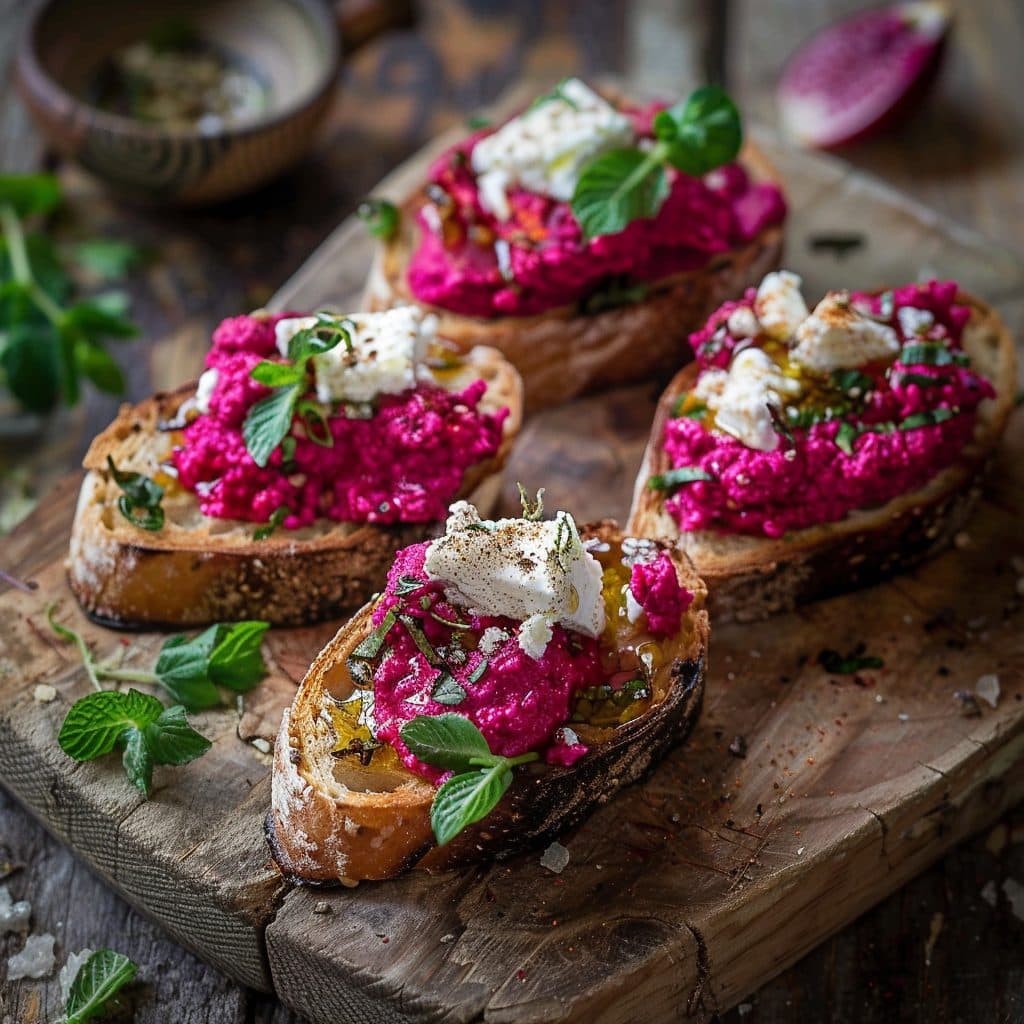 Sommelier Bio-Crostini mit Rote Bete Hummus und Feta