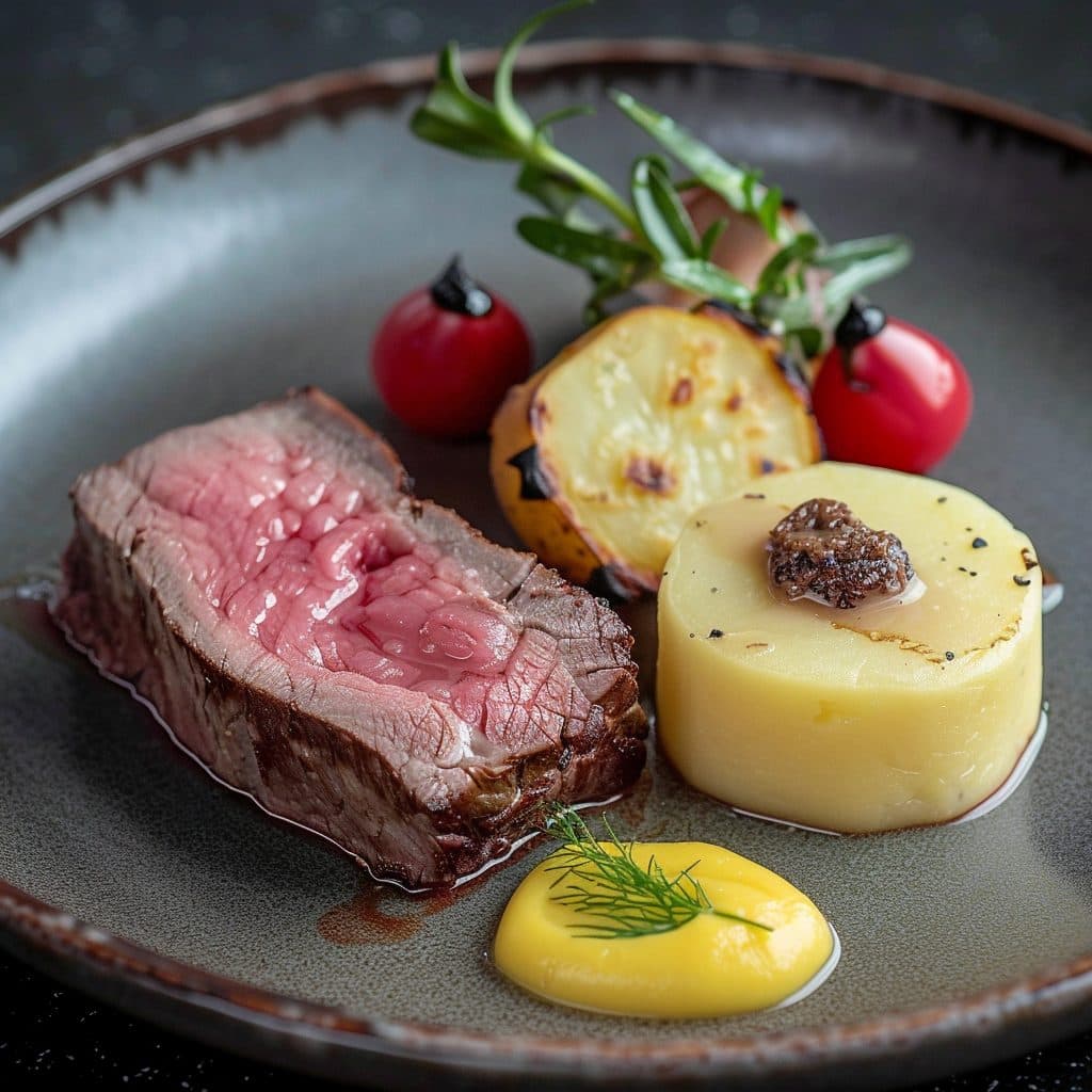 Sous-vide Rinderbrust mit Estragon-Senfsauce und Kartoffel-Meerrettich-Püree
