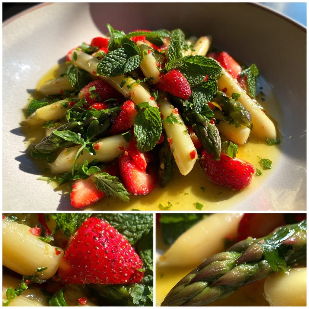 Spargel-Erdbeer-Salat mit grünem Spargel, Rucola und Holunderblüten-Dressing