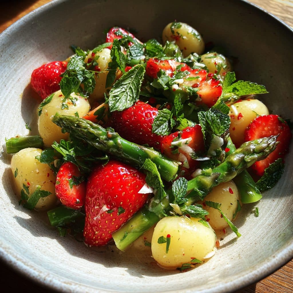 Spargel-Erdbeer-Salat mit Rucola und Minz-Dressing