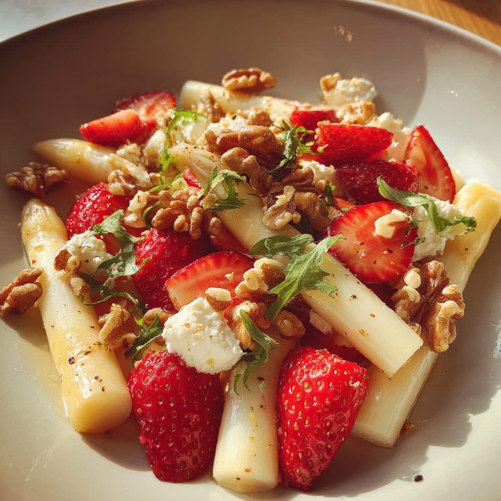 Spargel-Erdbeer-Salat mit Ziegenkäse und Walnüssen