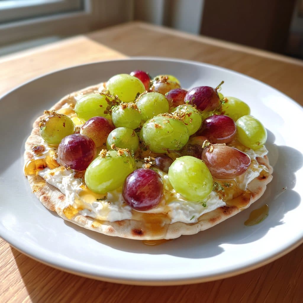 Süße Quark-Pitas mit Trauben und Limetten-Honig-Sirup