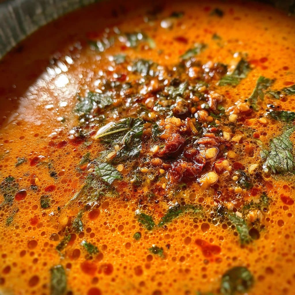 Eine Schüssel mit orangefarbener, dicker Suppe und Kräutern.