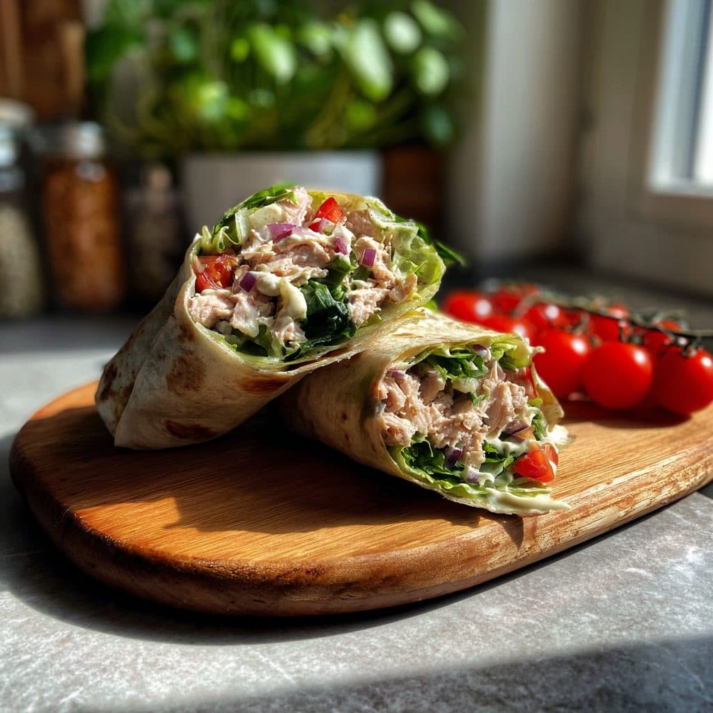 Thunfisch-Bohnensalat-Wrap mit Rote Zwiebeln und Senfsoße