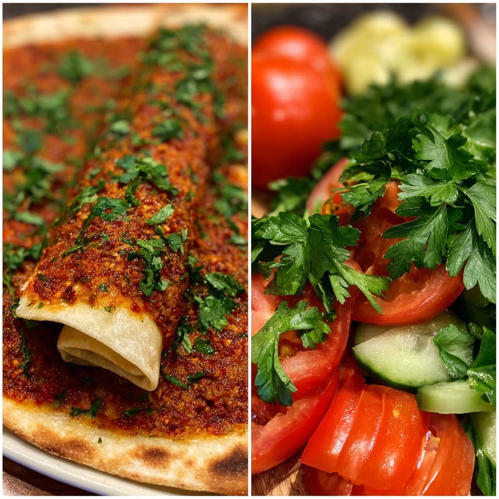 Ein großer dünner Teigfladen mit Fleischbelag, daneben Salat und Zitrone.