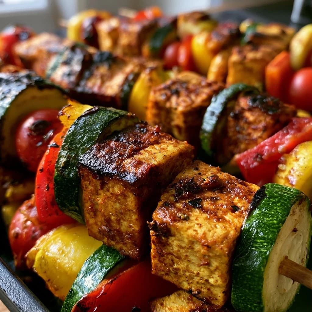 Vegane Grillspieße mit Tofu und buntem Gemüse