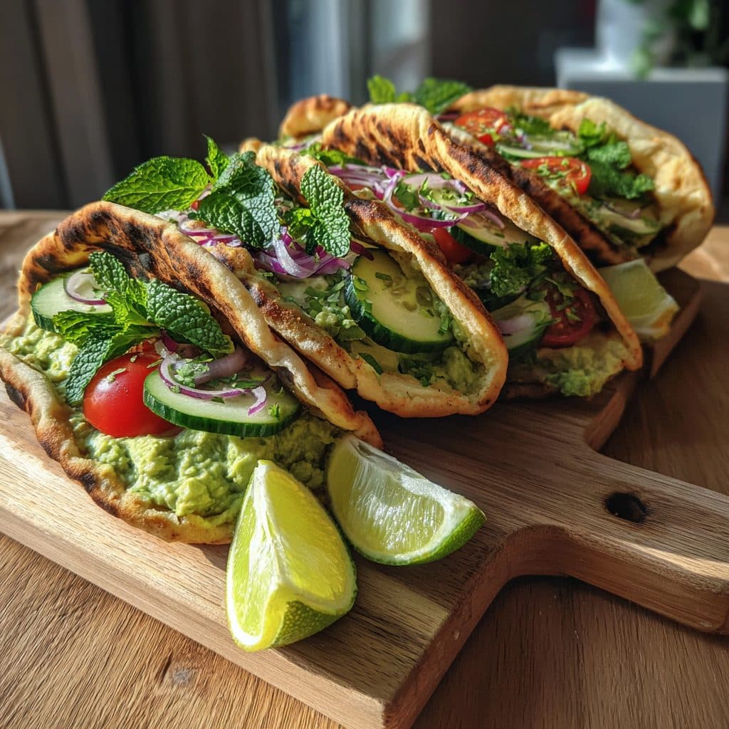 Vegetarische Griechische Pitas mit Avocado-Quark-Aufstrich und Limette
