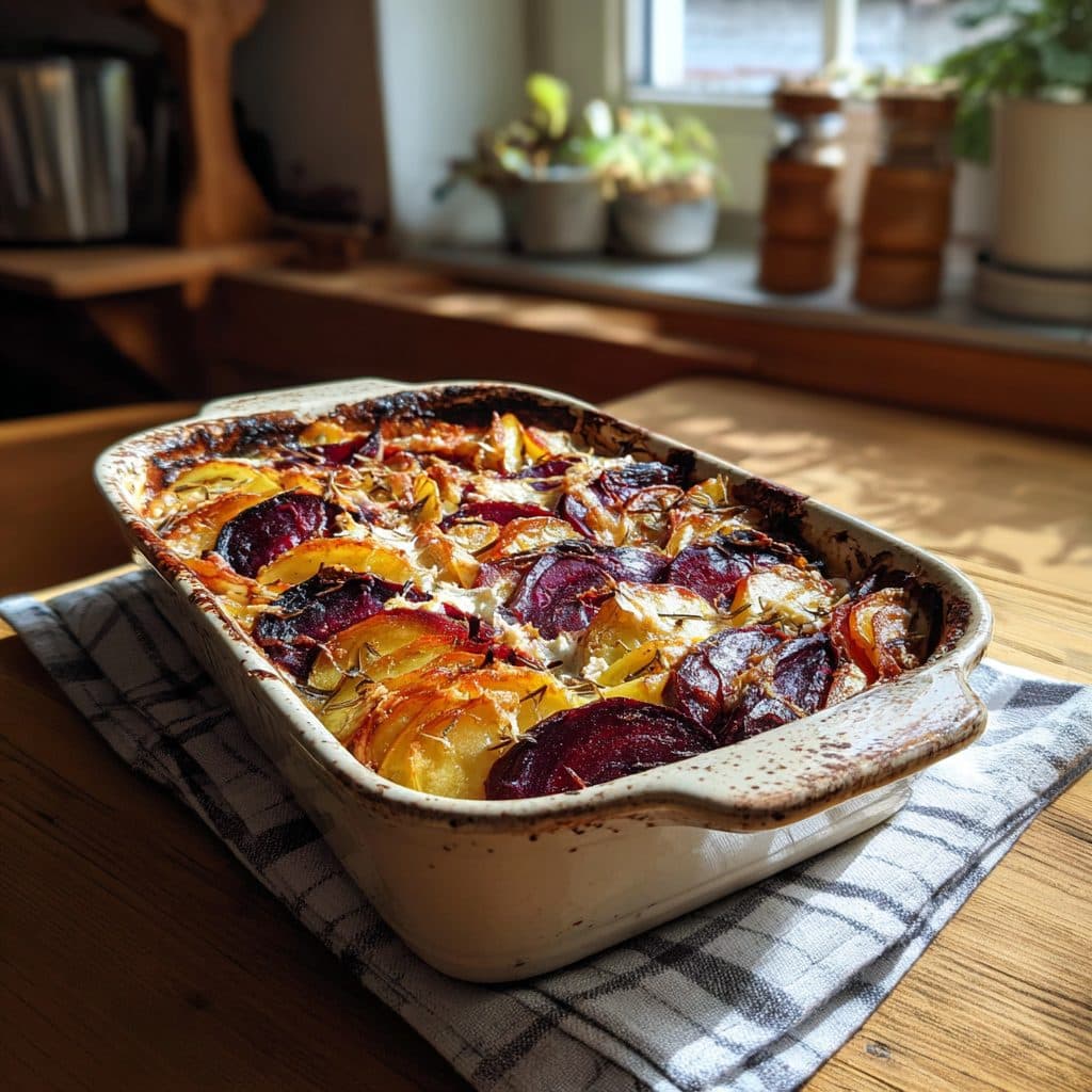 Vegetarischer Rote Bete-Kartoffel-Krautauflauf mit Ziegenkäse und Sauerrahm