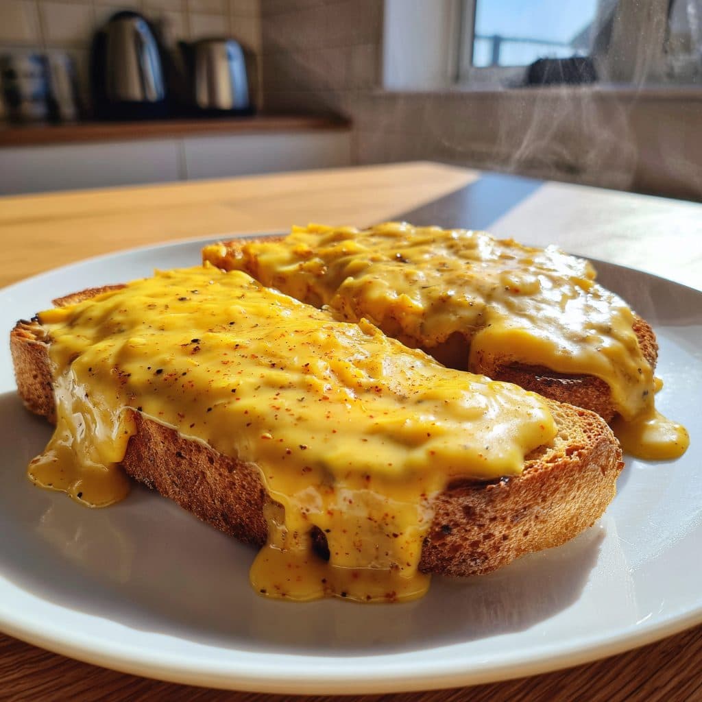 Welsh Rarebit auf knusprigem Toast, übergossen mit einer goldenen, cremigen Cheddar-Käsesauce, auf einem weißen Teller.