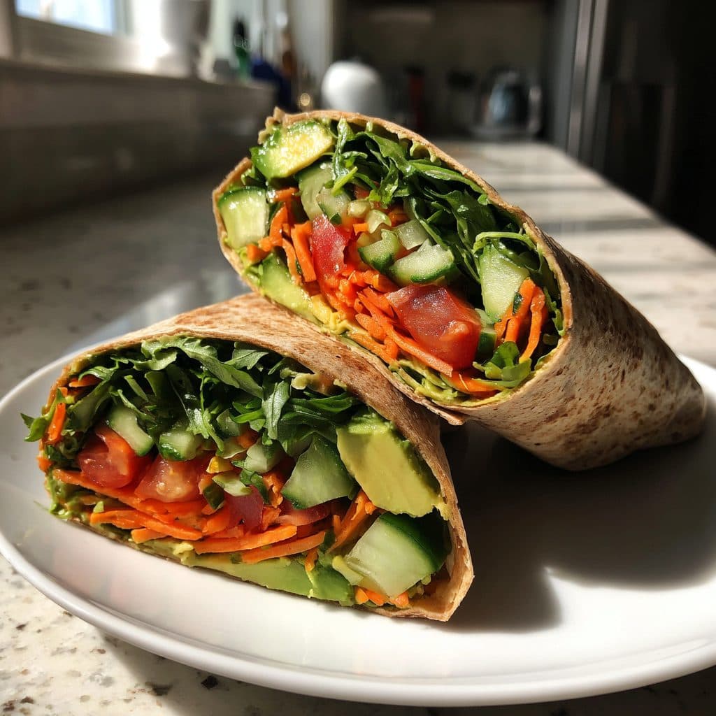 Aufgeschnittener Wrap mit bunter Gemüsefüllung auf einem weißen Teller, Querschnitt sichtbar