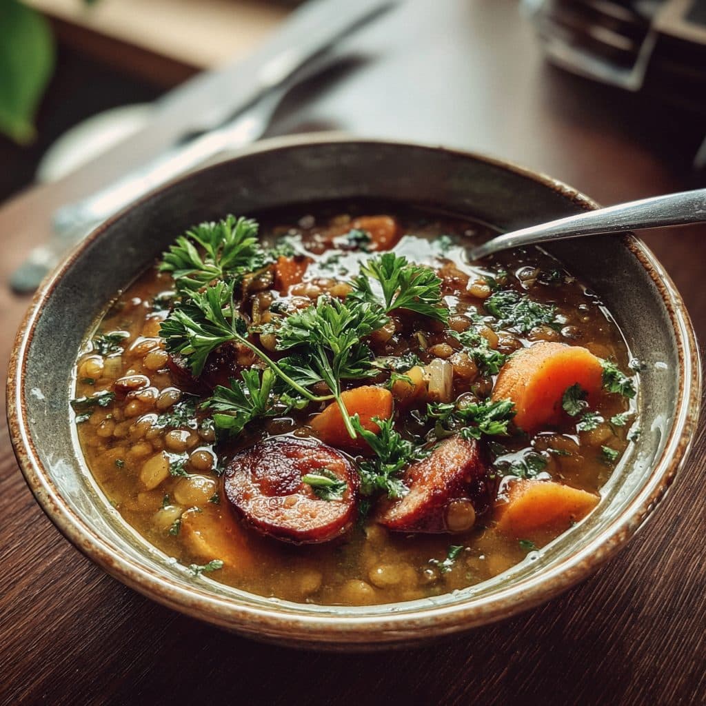 Würzige braune Linsensuppe mit geräuchertem Paprika und Rindswurst