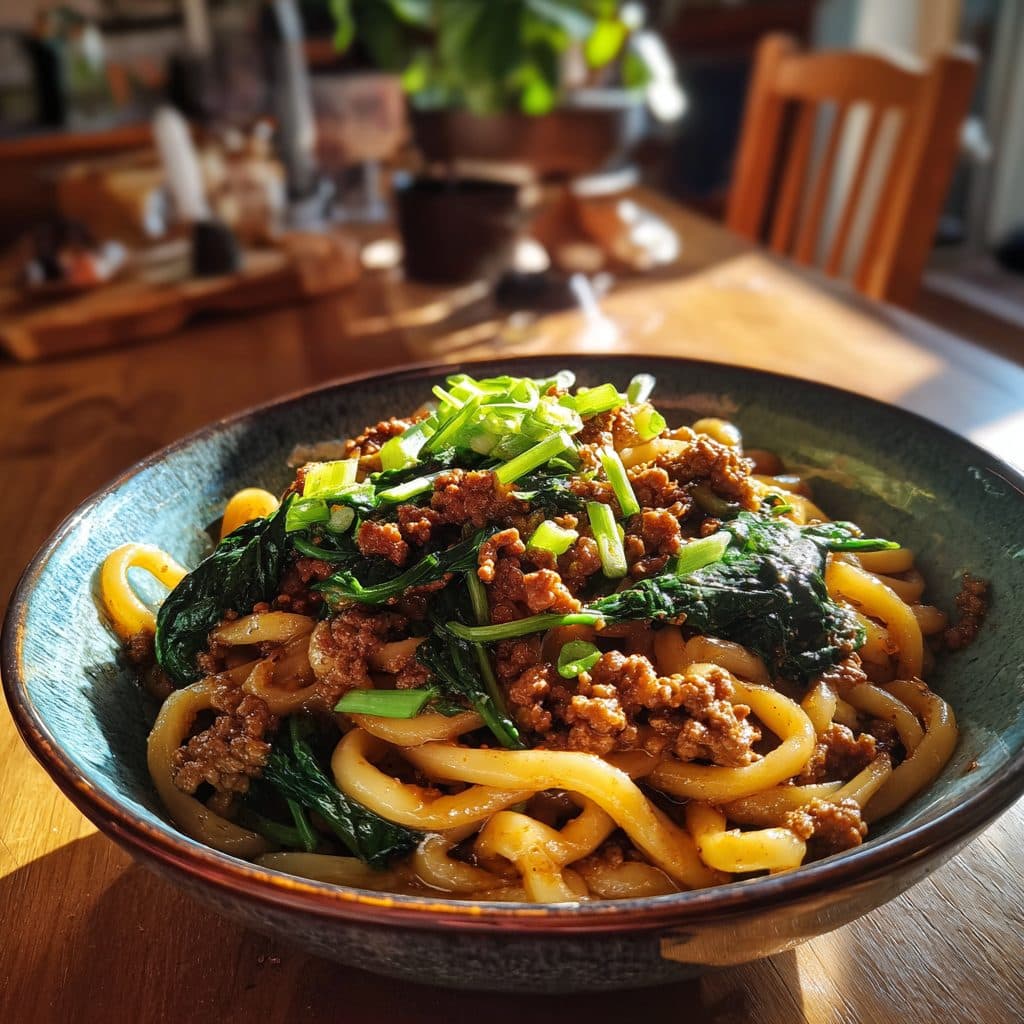 Würzige Udon-Nudeln mit Rinderhackfleisch und frischem Spinat