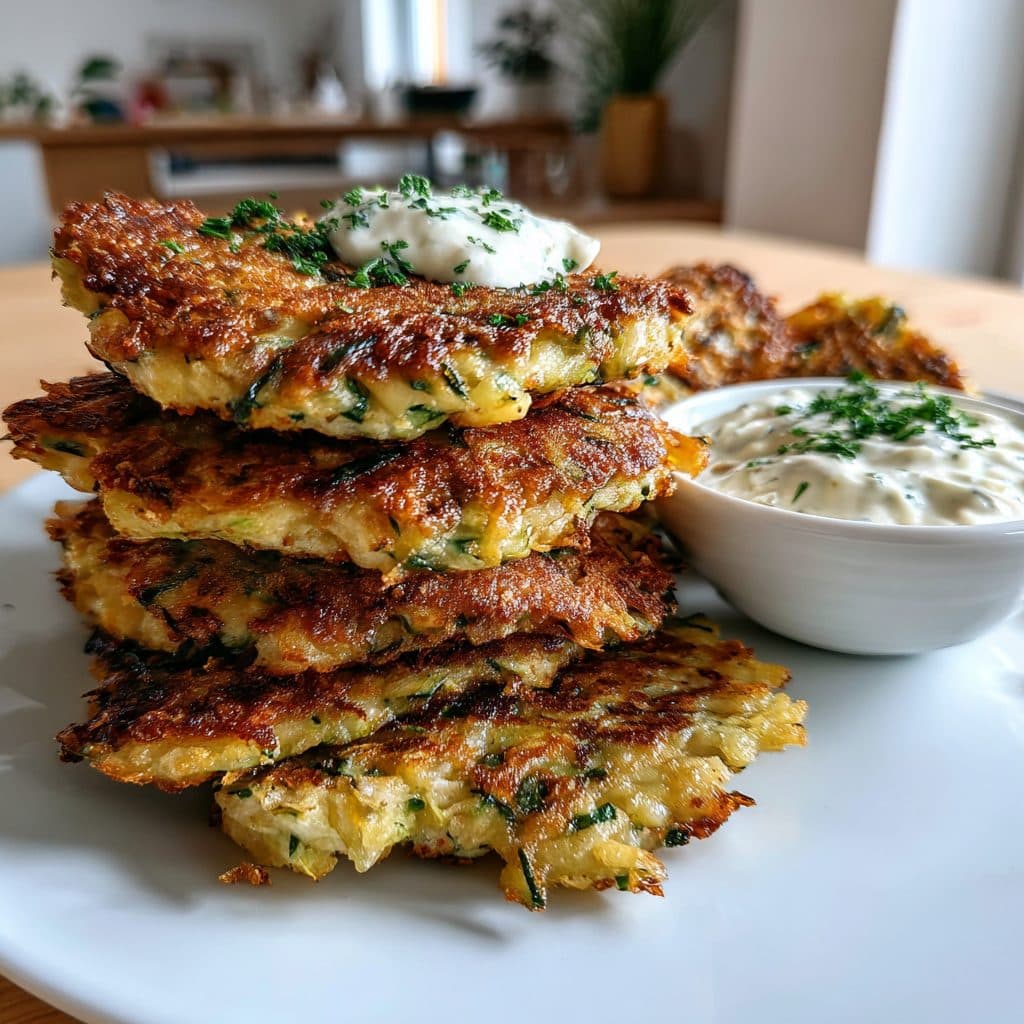 Zucchini-Kartoffel-Puffer mit Sauerrahm-Kräuter-Dip