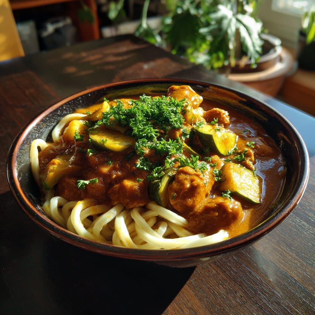 Cremiges Putengulasch mit Zucchini und Kurkuma-Sauerrahm-Sauce, serviert mit Udon-Nudeln