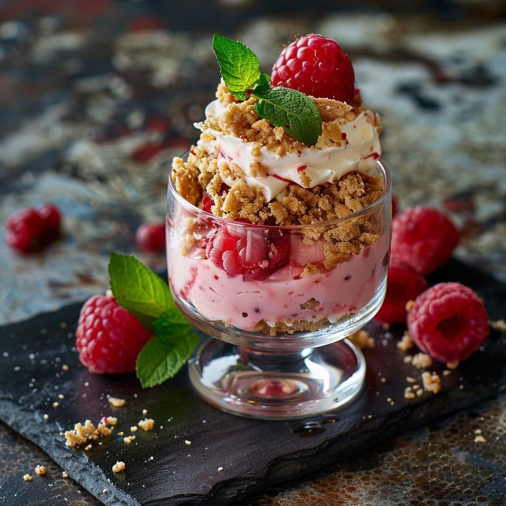 Deconstructed Berliner Pfannkuchen mit Himbeer-Rosenwasser-Mousse und Mandel-Crumble