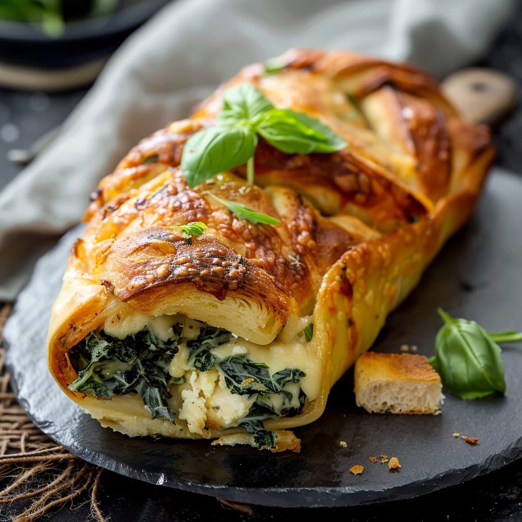 Gefüllte Hähnchenbrust "Berliner Art" mit Kräuterfrischkäse und Laugenbrezel-Croutons auf Rahmspinat
