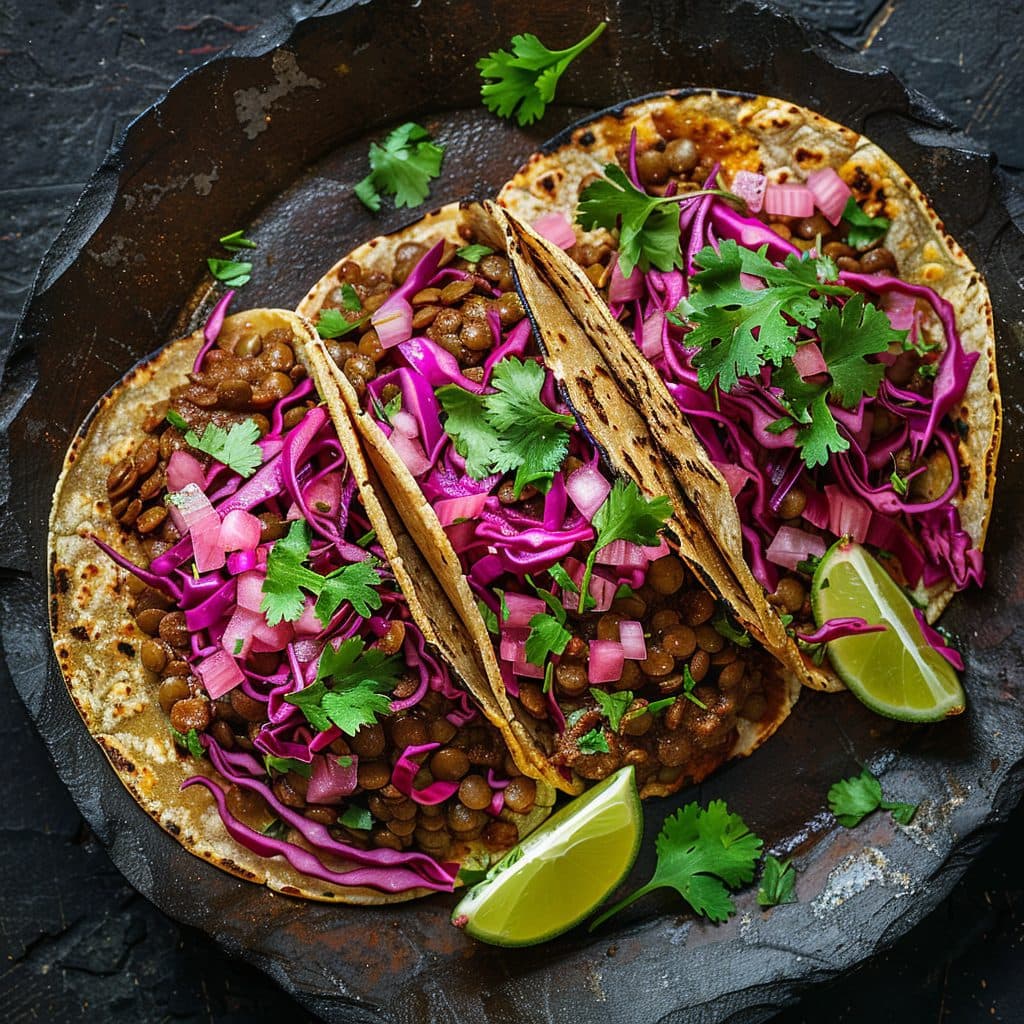 Herzhafte Kakao-Mole Tacos mit geschmortem Linsen-Walnuss-Füllung und eingelegtem Rotkohl