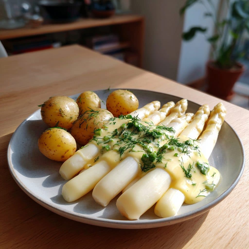 Klassischer Weißer Spargel mit Dillkartoffeln und leichter Zitronen-Hollandaise