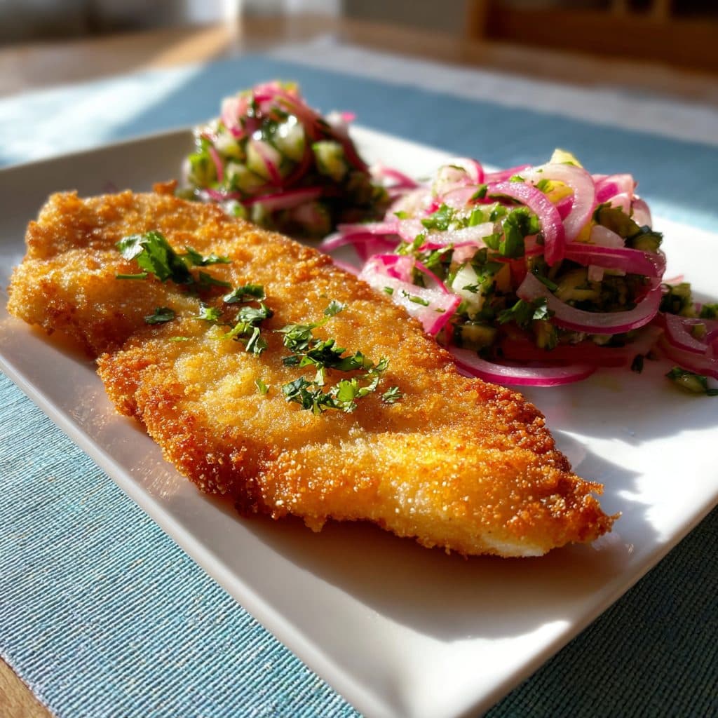 Knuspriger Fisch Milanese mit erfrischendem Gurken-Ceviche
