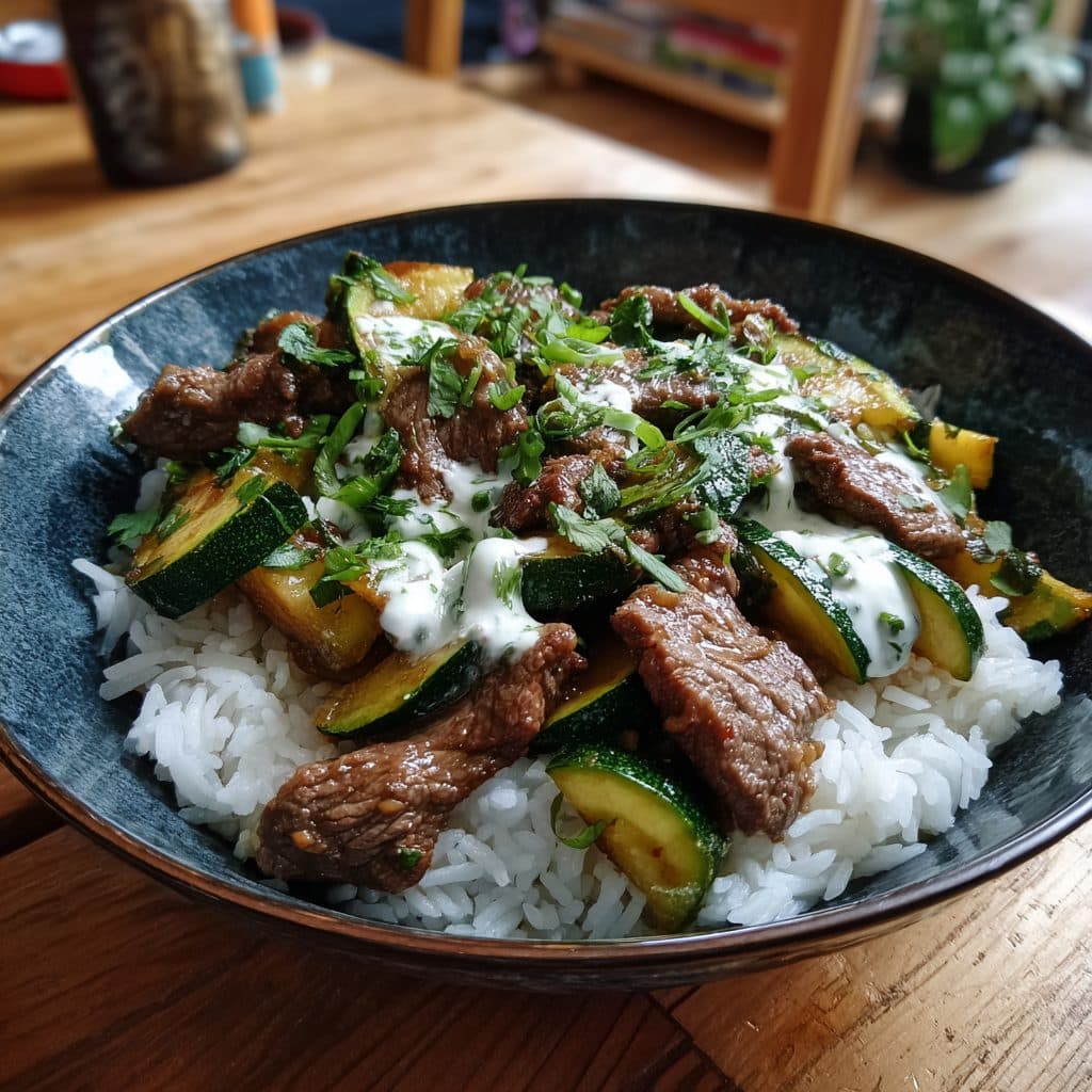 Koreanische Rinderfilet-Zucchini-Pfanne mit Reis und Limetten-Schmand-Dressing