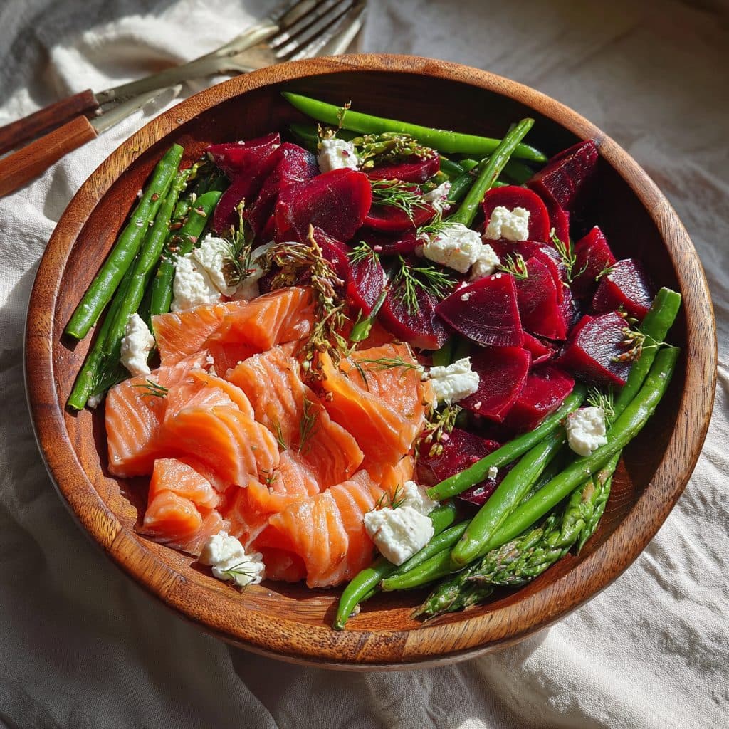 Lachs-Rote Bete-Bohnensalat mit Ziegenkäse, Rote Zwiebeln und Balsamico-Dressing