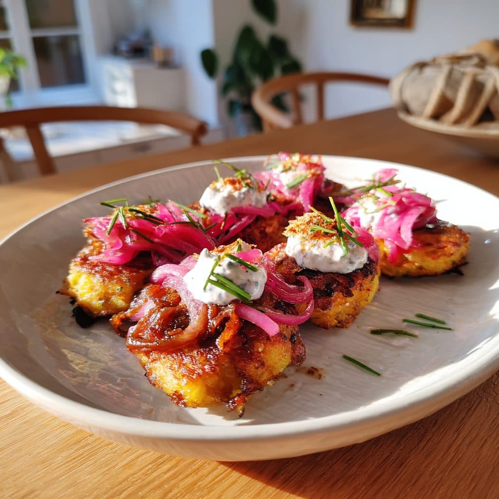 Rote Bete-Ziegenkäse-Kartoffel-Puffer mit karamellisierten Roten Zwiebeln und Sauerrahm-Dip