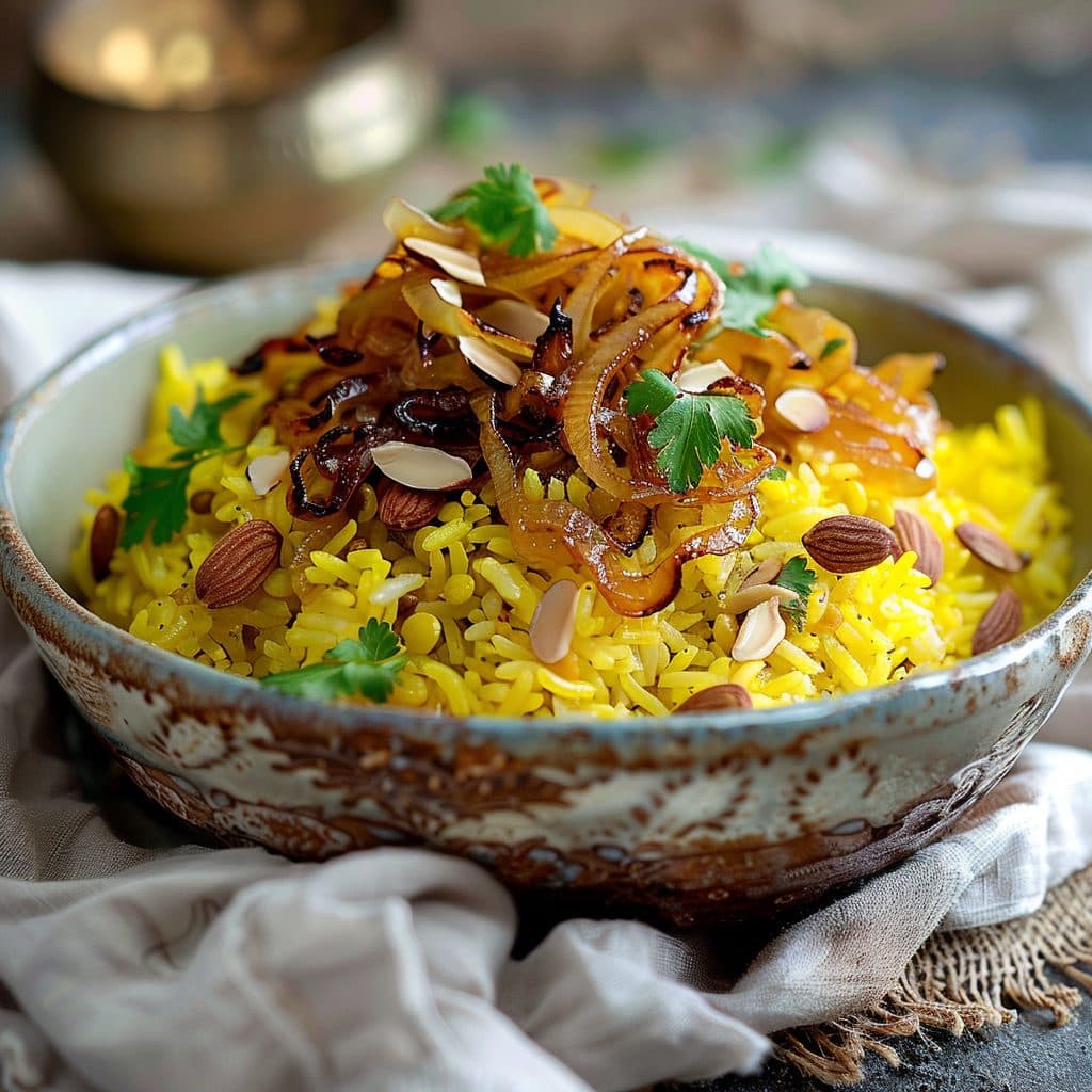 Safran Iftar Linsen-Reis-Bowl mit karamellisierten Zwiebeln und gerösteten Mandeln